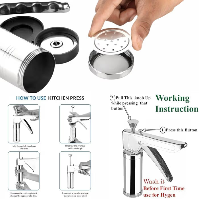 Stainless Steel Kitchen Press with 15 Jali Discs – Murukku, Sev, Noodles, Namkeen & Cookie Maker