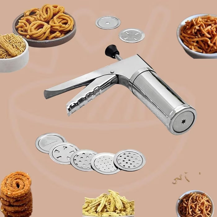 Stainless Steel Kitchen Press with 15 Jali Discs – Murukku, Sev, Noodles, Namkeen & Cookie Maker