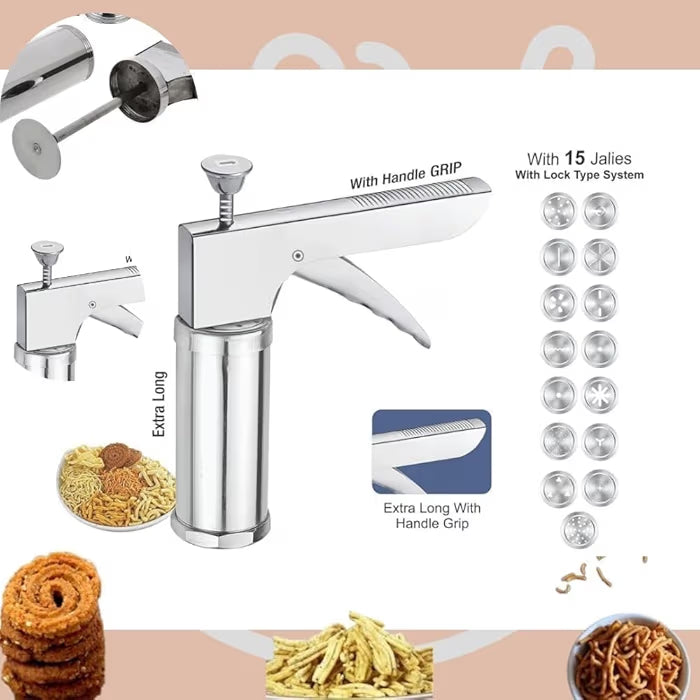 Stainless Steel Kitchen Press with 15 Jali Discs – Murukku, Sev, Noodles, Namkeen & Cookie Maker