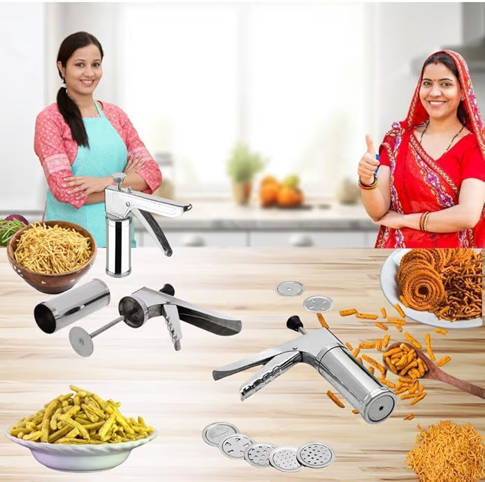 Stainless Steel Kitchen Press with 15 Jali Discs – Murukku, Sev, Noodles, Namkeen & Cookie Maker