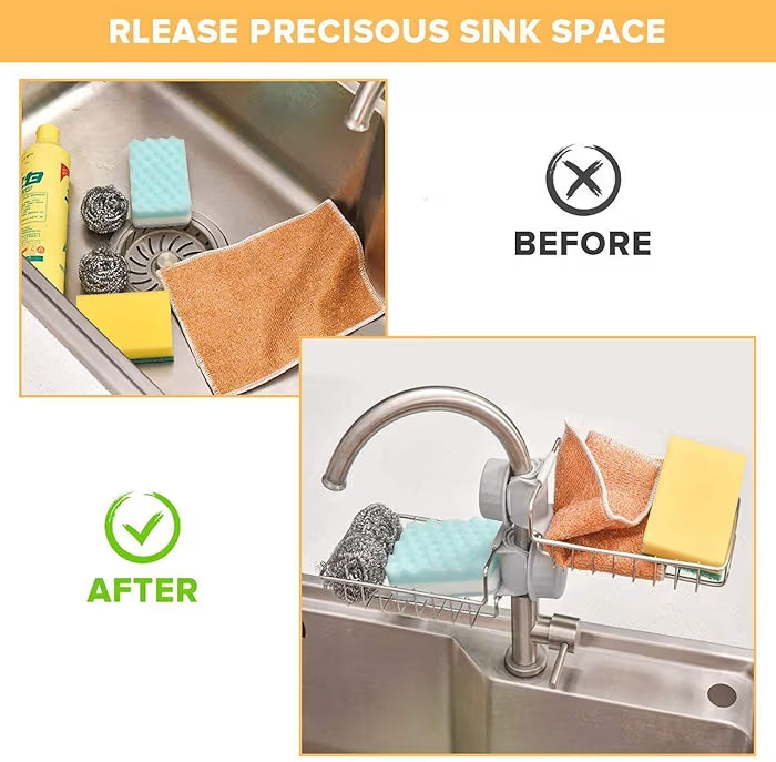 Stainless Steel Sink Faucet Sponge Holder & Soap Drain Rack