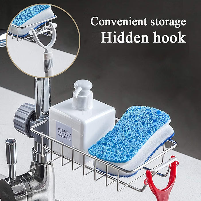 Stainless Steel Sink Faucet Sponge Holder & Soap Drain Rack