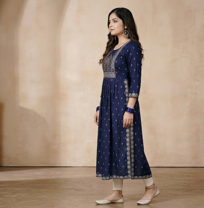 Navy Blue Printed Anarkali Kurti with Embroidery