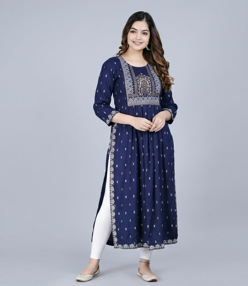 Navy Blue Printed Anarkali Kurti with Embroidery