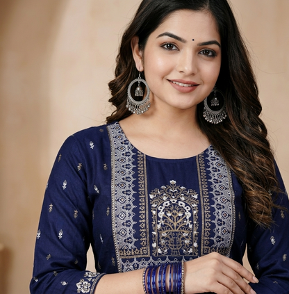 Navy Blue Printed Anarkali Kurti with Embroidery