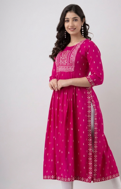 Women's Premium Rayon Anarkali Kurti Stylish Embroidered Flared Kurta
