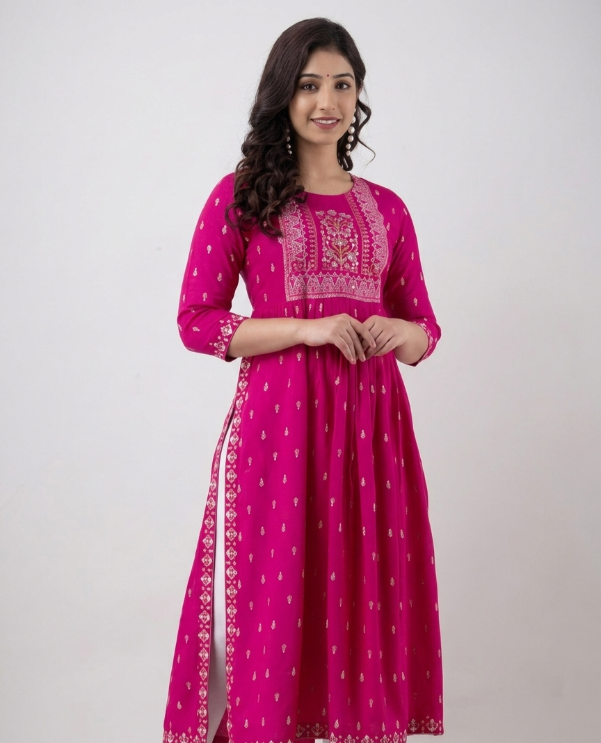 Women's Premium Rayon Anarkali Kurti Stylish Embroidered Flared Kurta